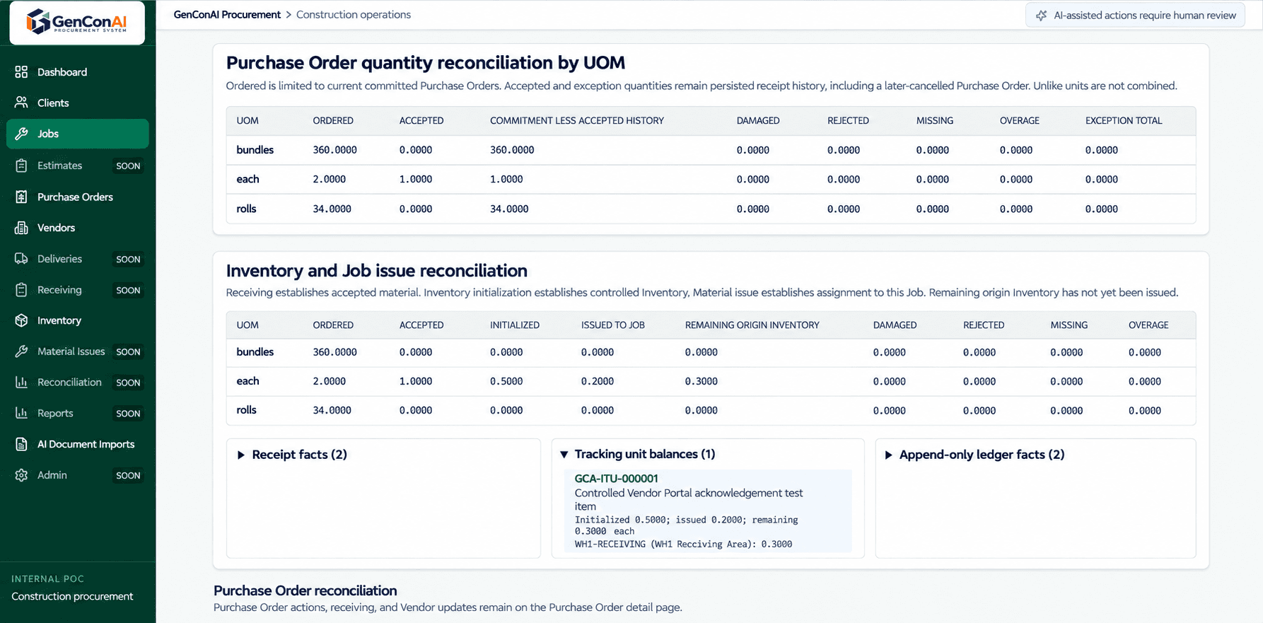 GenConAI job and material reconciliation interface